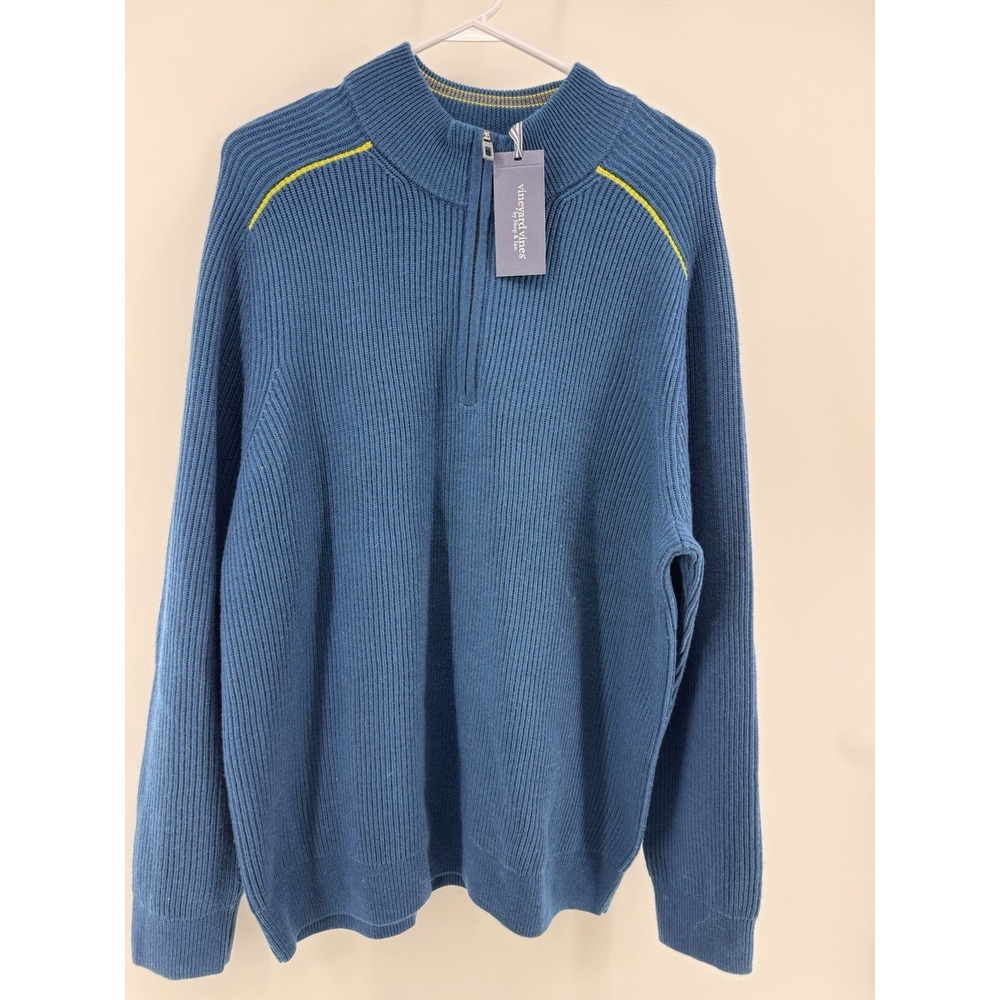 Vineyard Vines On The Go Rib Ski 1/4 Zip Sweater Merino Wool XL Blue Blazer $198